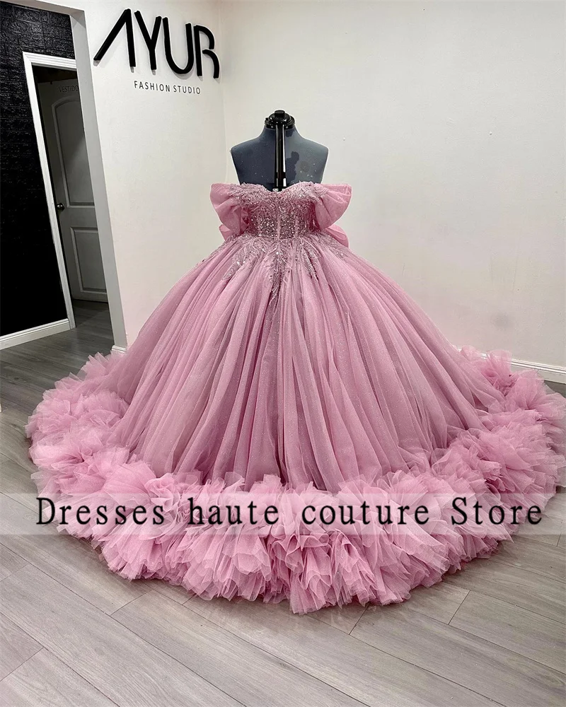 Pink Tulle Quinceanera Dresses Ball Gown 2025 With Bow Lace Applique Beads Sweet 16 Dress Customized Vestido De 15 Anos