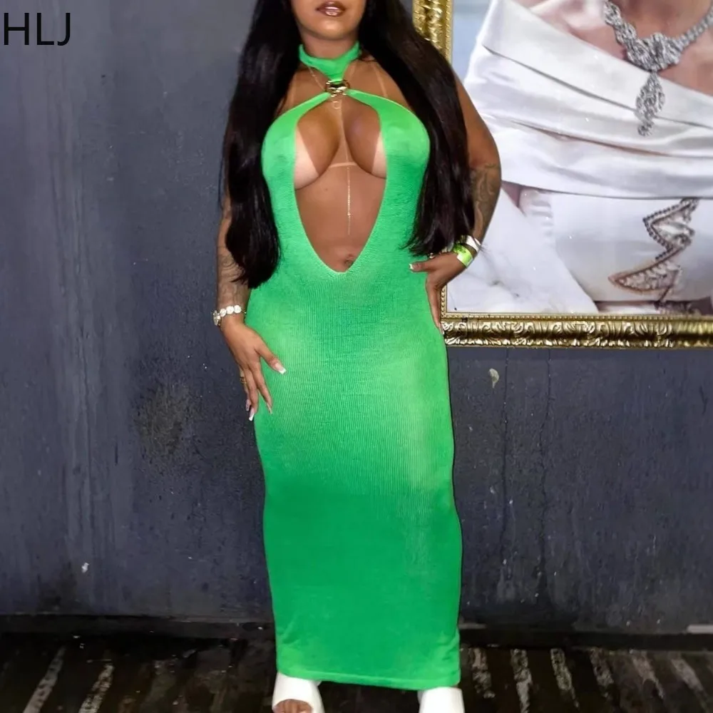

HLJ Sexy Hollow-out Bodycon Dresses for Woman Solid Color Halter Sleeveless Backless Dress Female Streetwear Vestidos 2026 New