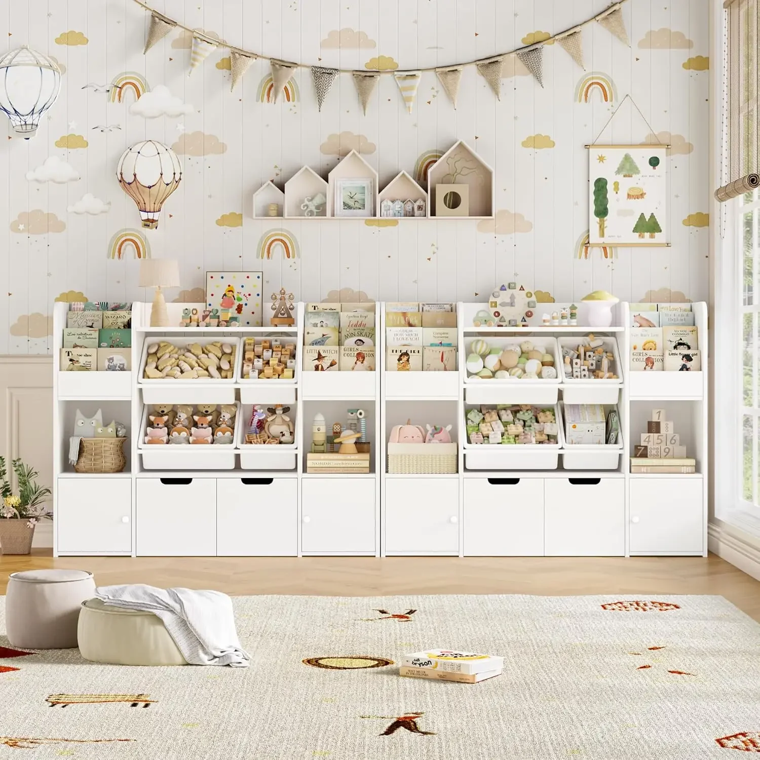 [Nuovo arrivo, spedizione gratuita! ]Grande organizer per giocattoli da 50'' con 4 contenitori per giocattoli, 6 armadietti e 2 cassetti mobili, libreria