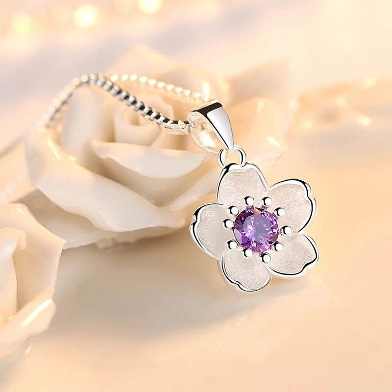 Real 925 Sterling Silver Crystal Flower Pendant Necklace Stud Earrings Jewelry Sets For Women Vintage New FQL23079