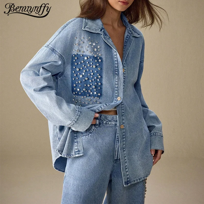 

Benuynffy Fashion Vintage Diamonds Denim Shirt Jacket Women's Spring Fall Long Sleeve Loose Casual Jeans Top Female Streetwear