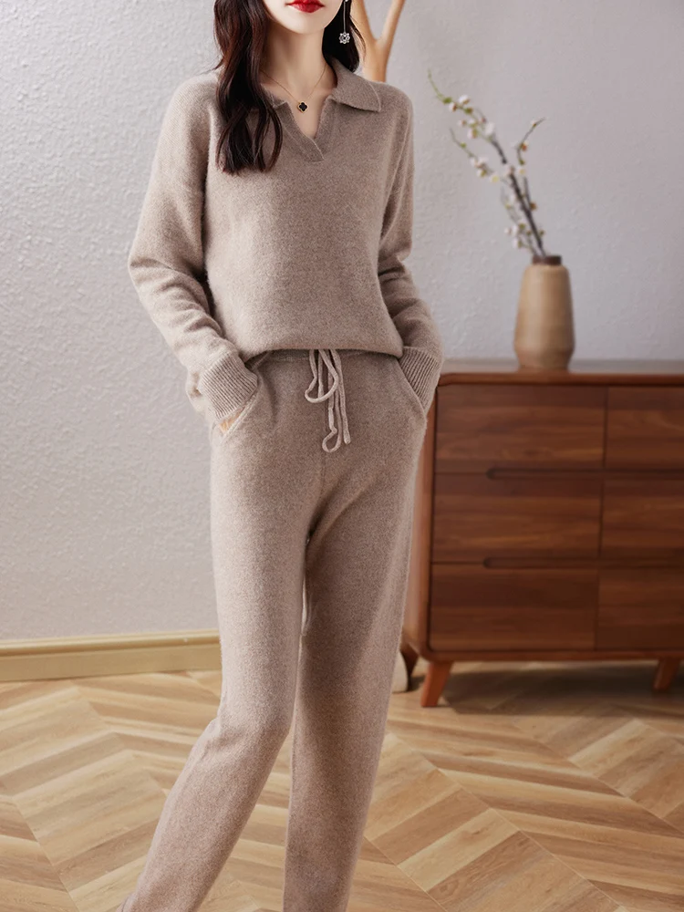 Autumn and Winter Cashmere Sweater Women\'s Suit Lapel Knit Pullover Fashion Straight Leg Small Foot Pants Luxury Two-Piece Set