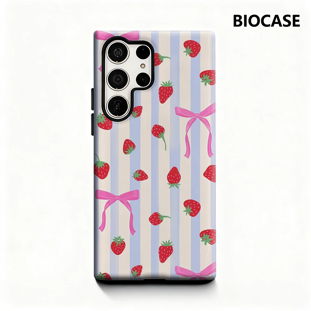 Blaue Handyhülle mit Erdbeeren und rosa Schleifen für Samsung Galaxy S25 Ultra S24 S23 Ultra Plus, glänzende doppellagige Rückseite