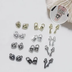 10Pcs Gold Silver Metal Lock Key Nail Decoration Luxurious Love Heart Lock Key Jewelry Nail Art Charm DIY Manicure Accessories