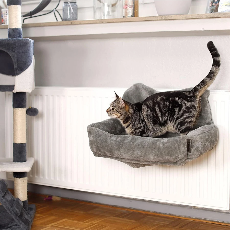 Cat Radiator Bed - Hanging Plush Basket Hammock with Cushion and Adjustable Metal Frame to Hook onto Radiators