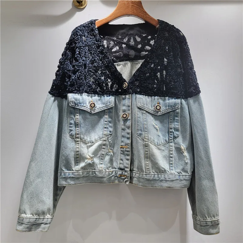 Coat Women Denim Coats V Neck Jackets Splice Hollow Out Single Breasted Full Sleeve Vintage Y2k Streetwear Jacket 2026 Spring
