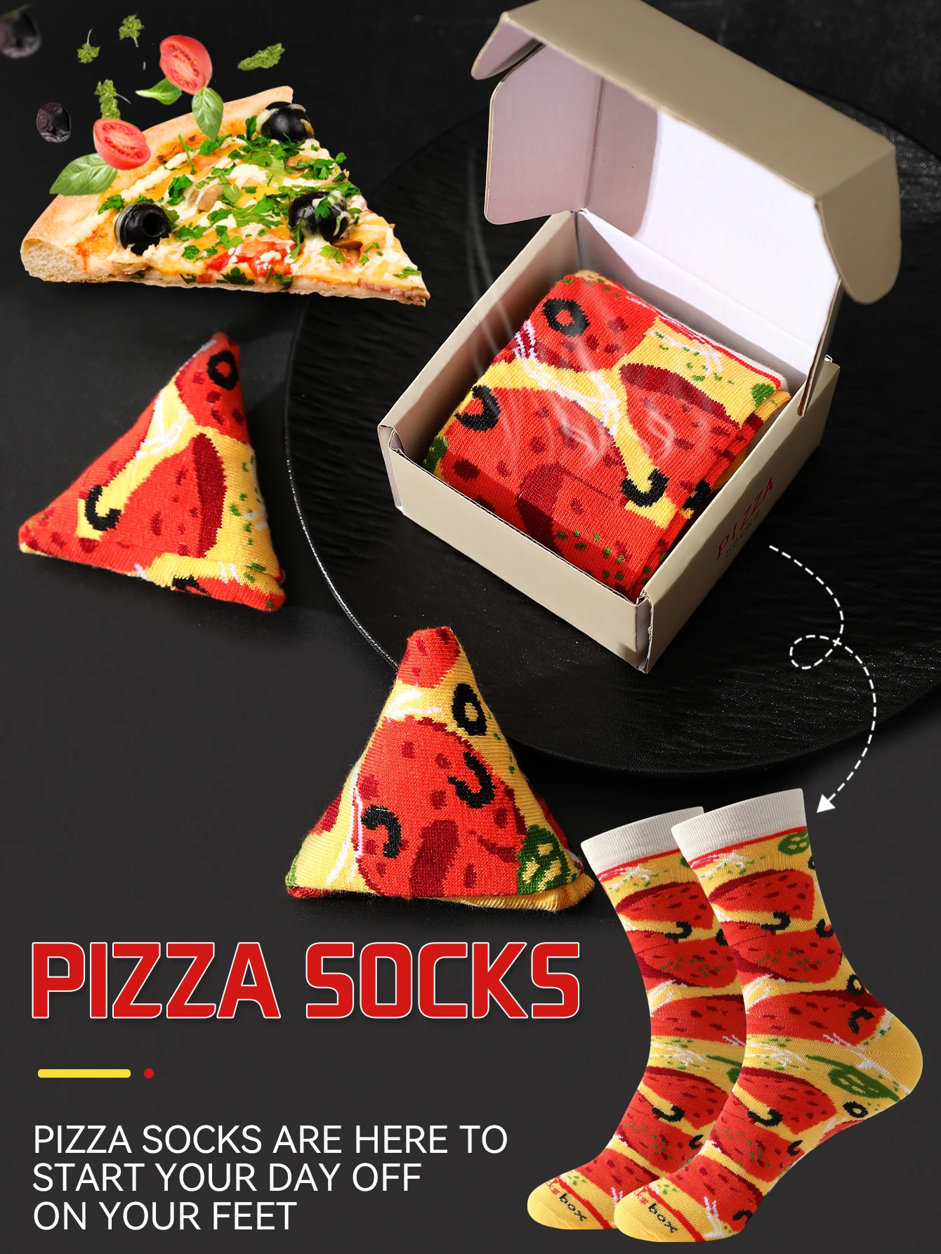 1 Pair of Unisex Trendy Pizza Print Mid-Calf Socks, Creatively Packaged in a Triangular Pizza Gift Box, Featuring Quirky Food Designs That Are Eye-Catching and Unique. Suitable for Multiple Scenarios, Including Commuting, Fitness, and Gatherings, and Can Be Worn in All Seasons. Suitable as Creative Gifts for Christmas/Halloween/Valentine's Day, the Unique Food Patterns Create Street-Style Outfits, and Are Full of Fun and Clever Ideas for Personal Use/Gifts/Daily Wear.