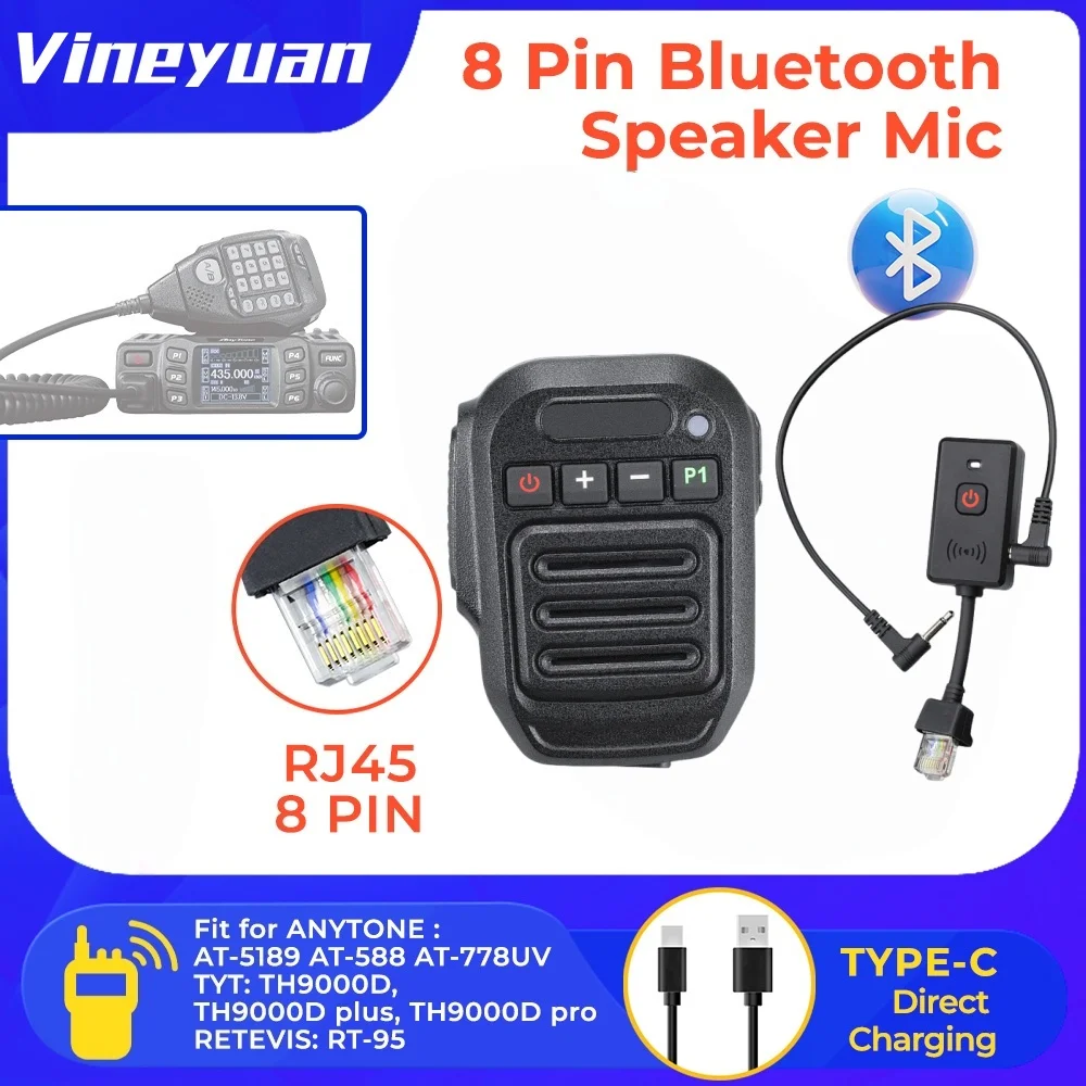 Bluetooth Wireless Car Radio Speaker Microphone Mobile Radio 8 Pin Mic PTT For RETEVIS RT95 AnyTone AT-778UV AT-588UV Radios