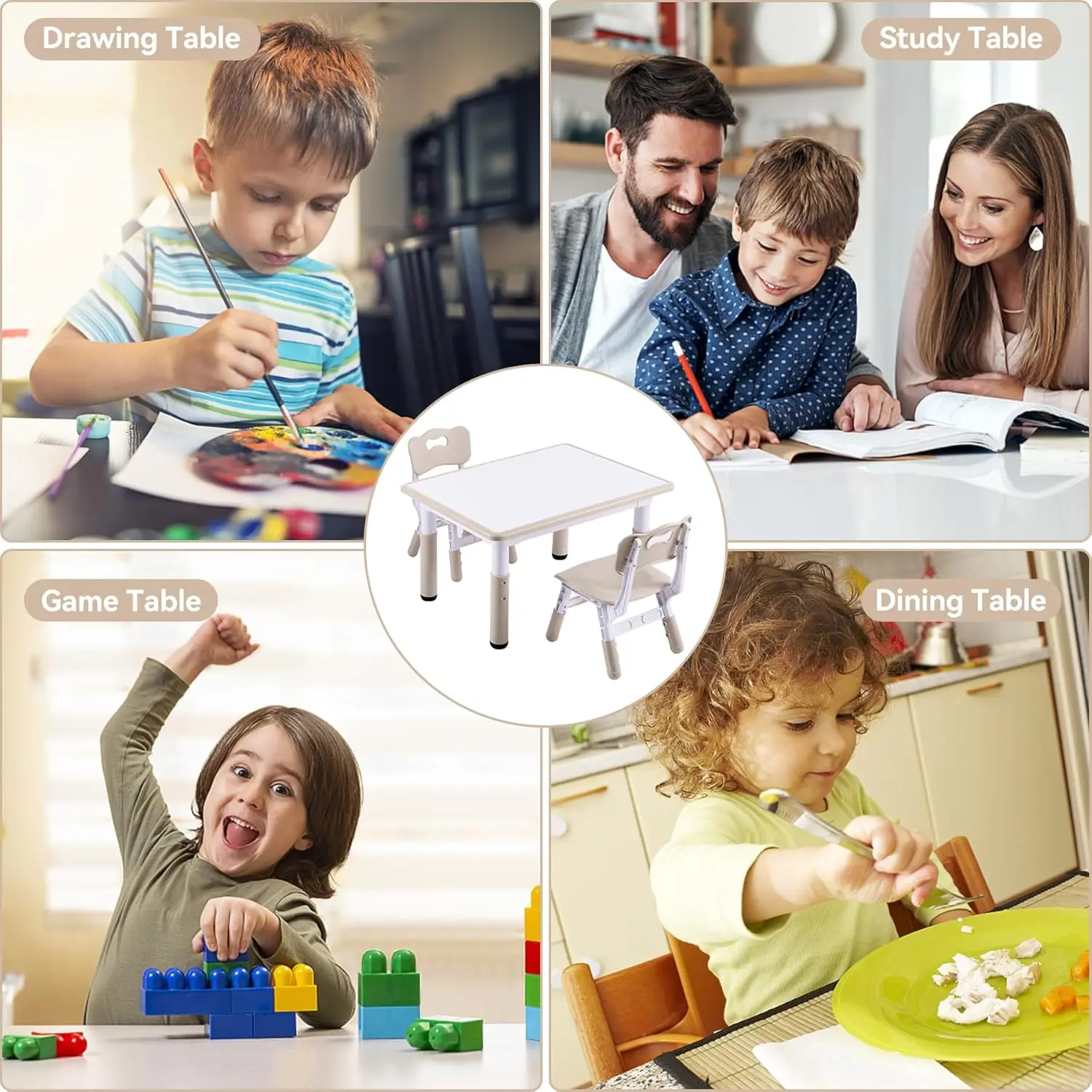 Height-Adjustable Toddler Table and Chair Set with Graffiti Desktop, 31.5''L x 23.6''W Children Activity Table for Daycare, Clas