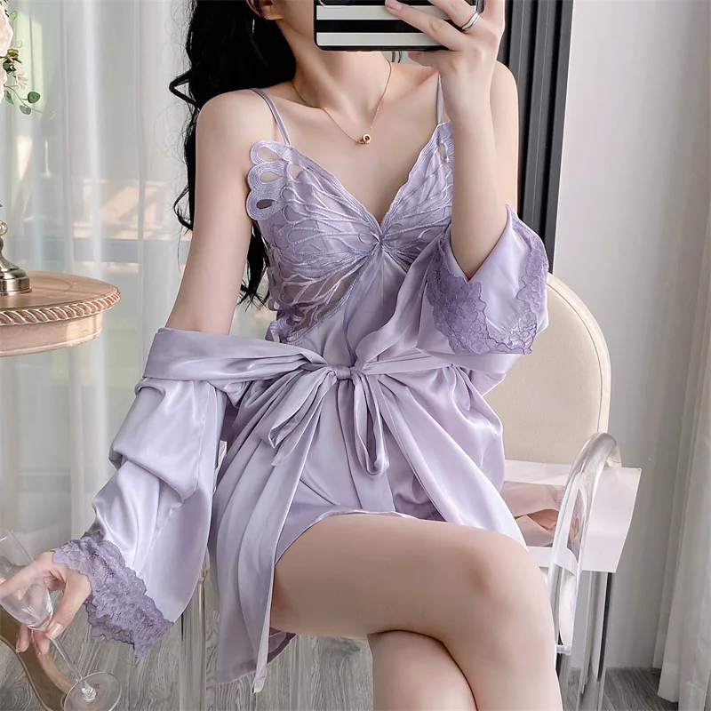 Sexy Lace Flower Robe Nightgown Purple Butterfly Nightdress Set Women Silk Rayon Loungewear Loose Spaghetti Strap Leisure Dress