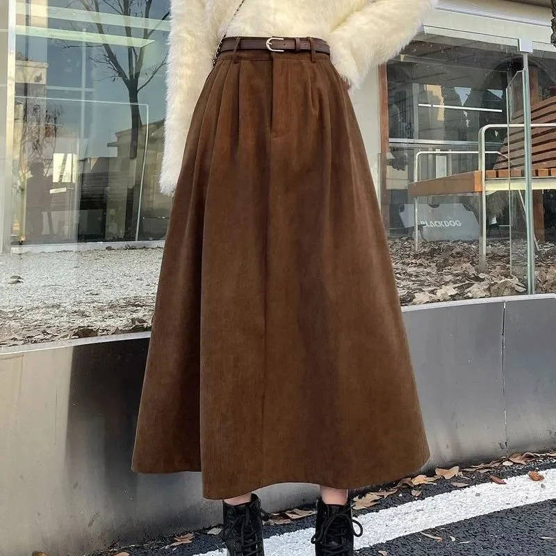 Vintage Belt Corduroy Midi Skirt Women High Waist Pleated A Line Skirts Autumn Winter Streetwear Korean Casual All Match Skirt