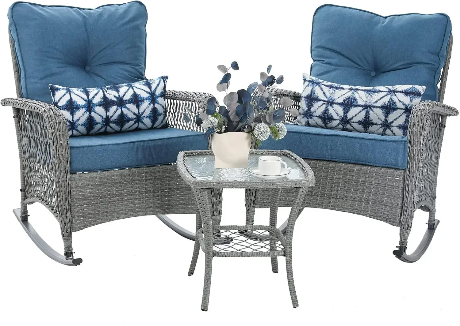 Patio Furniture Set 3 Pieces, Wicker Rocking Bistro Set with Thick Cushions, Outdoor Rocker Chairs and Coffee Table for Porch