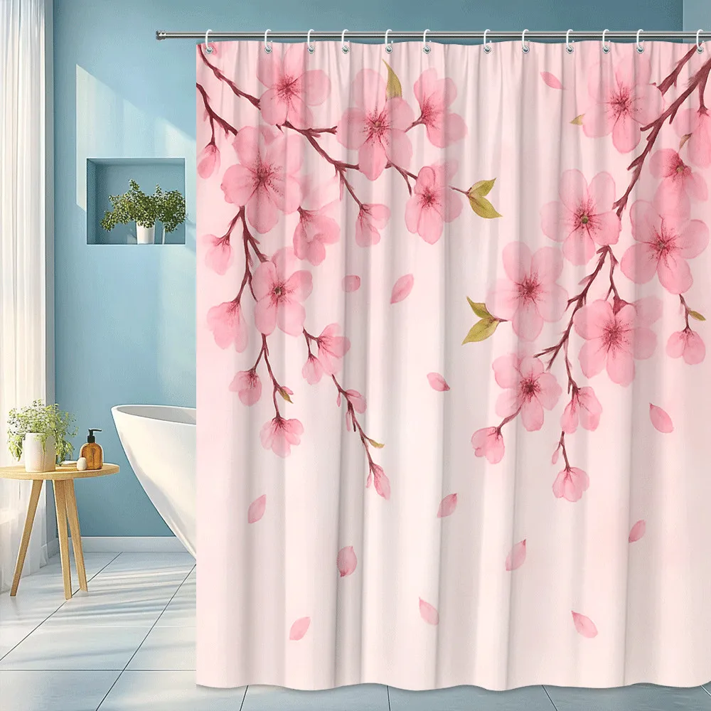 

Розовая занавеска для душа с вишневым цветом, мягкие цветочные ветки, весенний декор, романтический стиль ванной комнаты, водонепроницаемая, быстрая установка