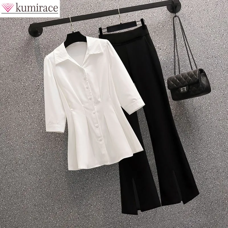 Fashion Women's Set 2024 New Spring/Summer Korean Edition Medium Length Short Sleeved Shirt Top Casual Pants Two Piece Set