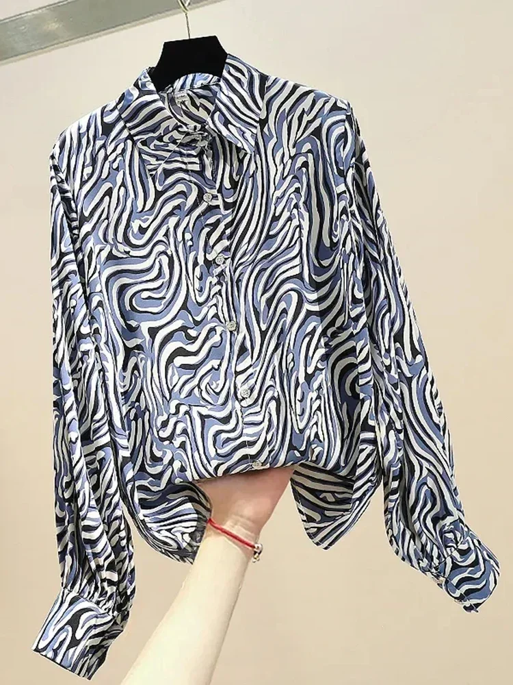 

Spring New Retro Fashion Temperament Blouse Female Lapel Loose Drape Lantern Sleeve Blusa Printed Shirt Tops DK1404
