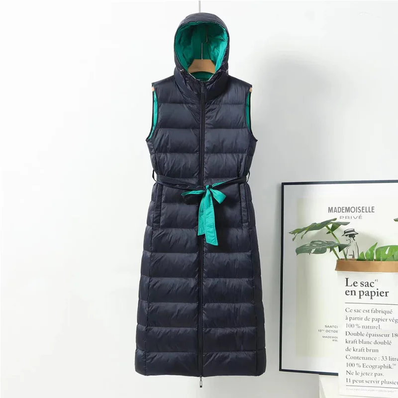 2022 Winter Women Sleeveless Down Waistcoat Coat Warm Light White Duck Down Vest Parkas Ladies Long Hooded Tank Jacket With Belt