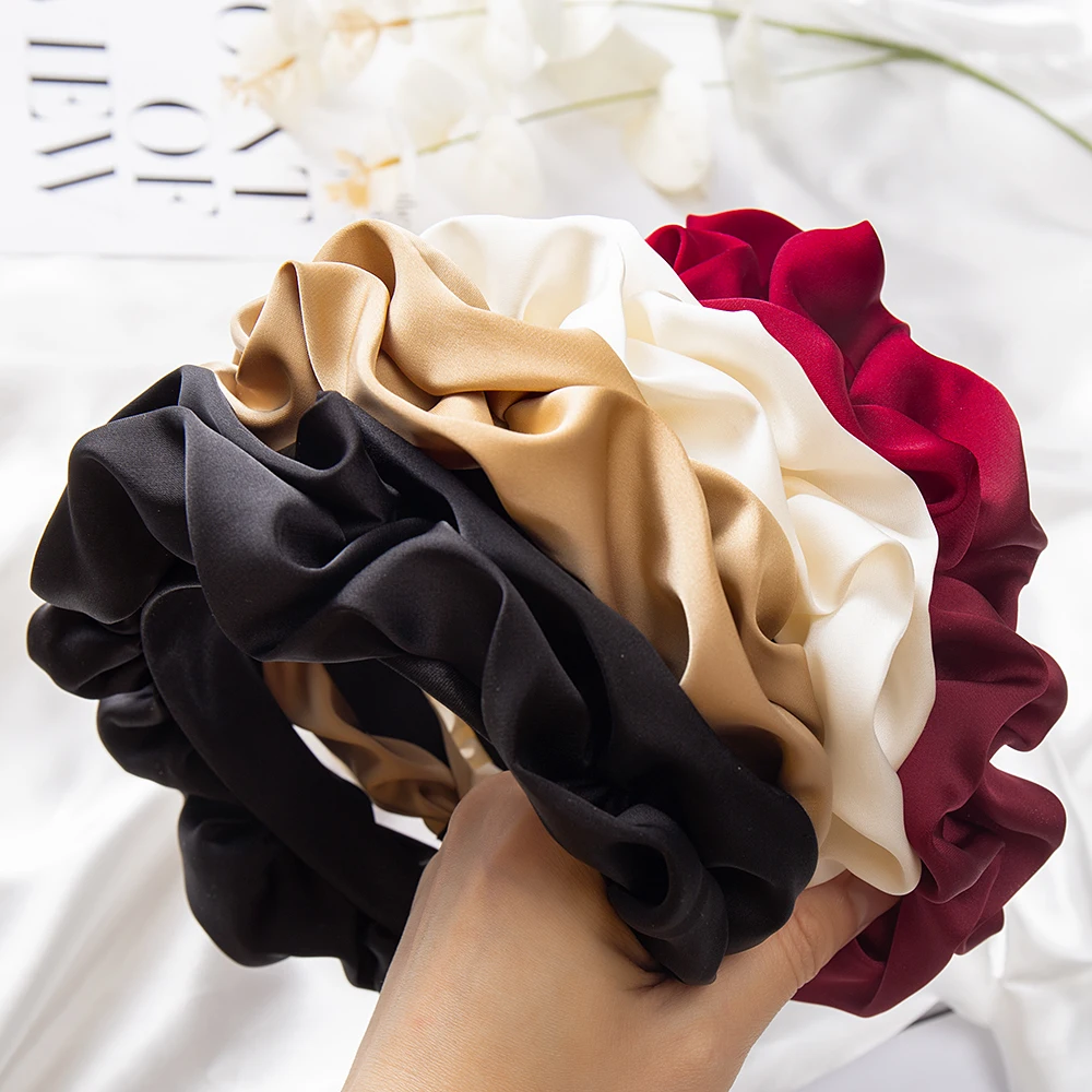 Fashion Hair Hoop Hair Bands for Women Girls Flower Solid Color Slik Headbands Pleated Wide Hairband Hair Accessories Headwear