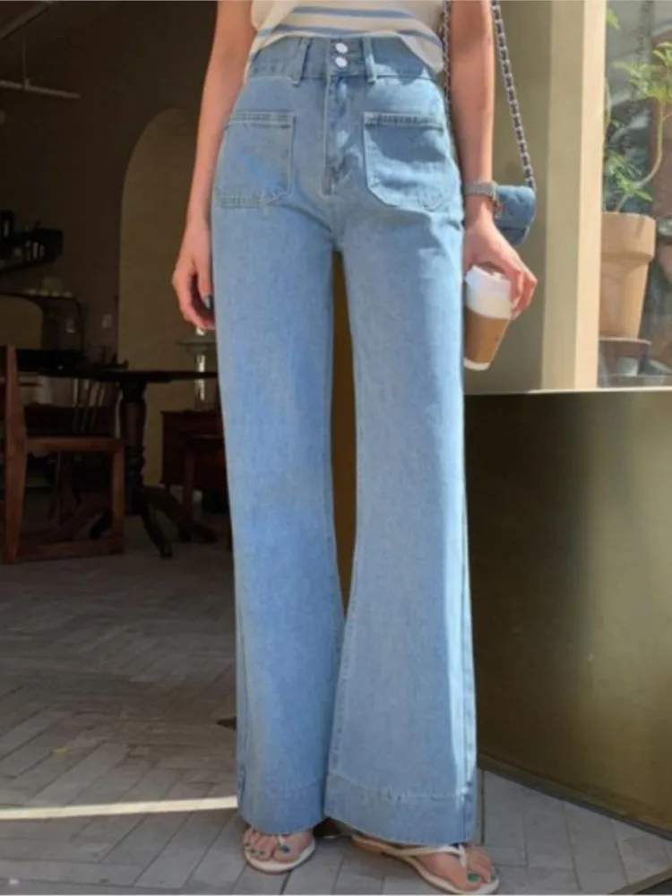 Jeans autunno pantalone svasato donna sciolto stile coreano pantaloni donna pieghettati a vita alta moda donna pantaloni lunghi