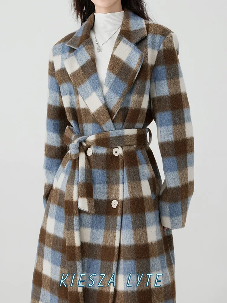 2024 Winter New Korean Thicken Plaid Warm High quality Woolen Coat Women Retro Wool & Blends Overcoat Slim With Belt 한국인 리뷰 많은 옷