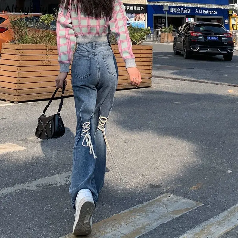 

Straight Women Jeans New Lace Up Bandage High Waist Denim Trousers Wide Leg Baggy Ulzzang Kroean Vintage Streetwear Design Loose