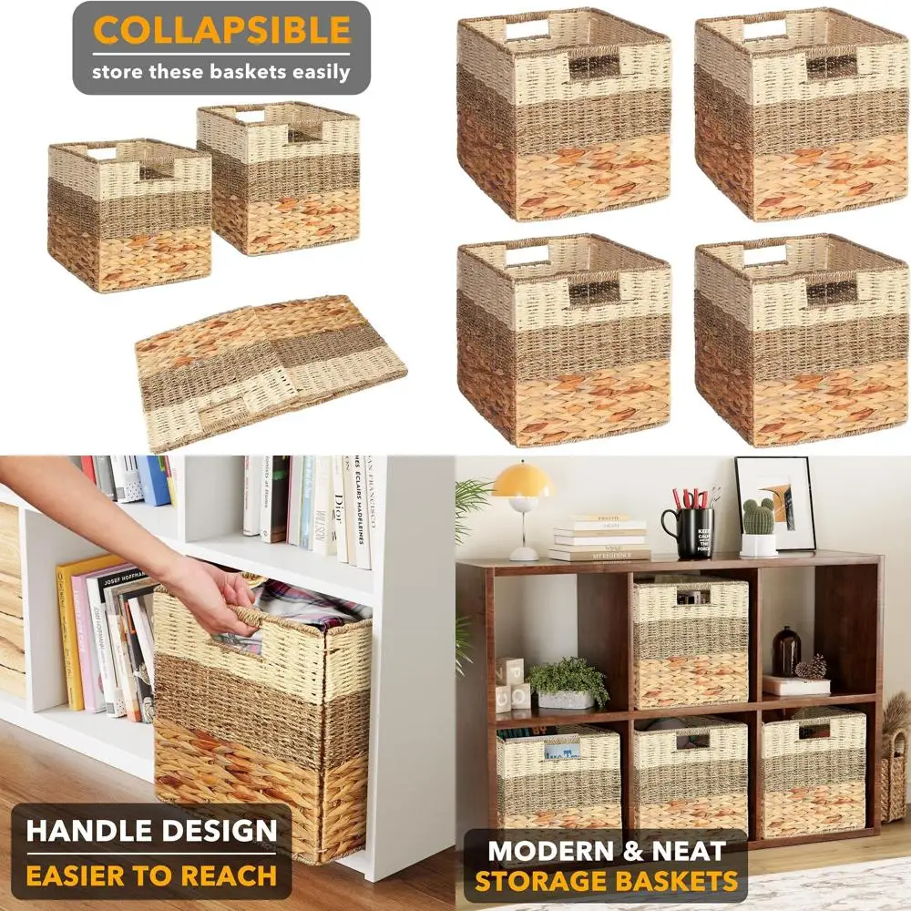 

Set of 4 Natural Wicker Cube Baskets, 12x12x12 inches, for Storage and Organization with Handles