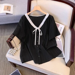 2024 summer new casual top Ice silk fabric girl-style black simple commuter top with lace-up decoration plus size women's shirt