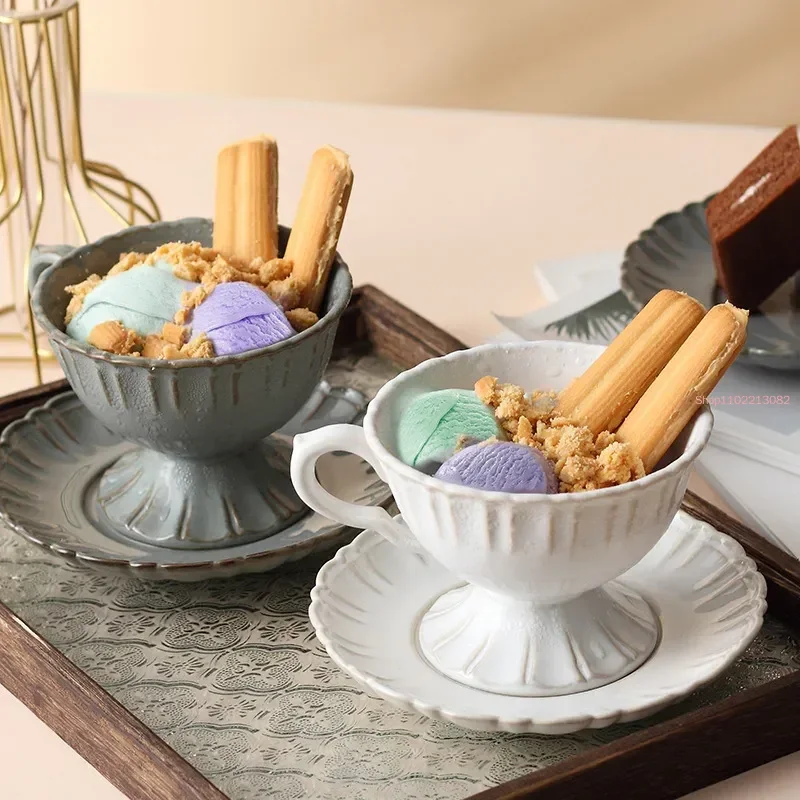 

Керамическая кофейная чашка в стиле ретро и набор, кружка для мороженого с европейским тиснением для послеобеденного чая с цветком