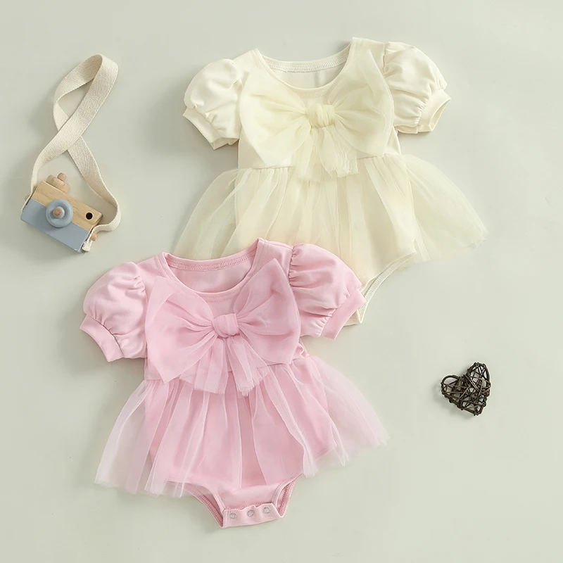 

Baby Girls Summer Romper Newborn Infant Casual Mesh Patchwork Big Bow Short Sleeve Newborn Jumpsuit for Toddler Cute Clothes