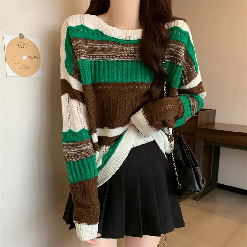Y2k Contrast Color Woman Sweaters Autumn Winter Vintage Hollow Out Short Pullovers Korean Fashion Loose Pull Femme