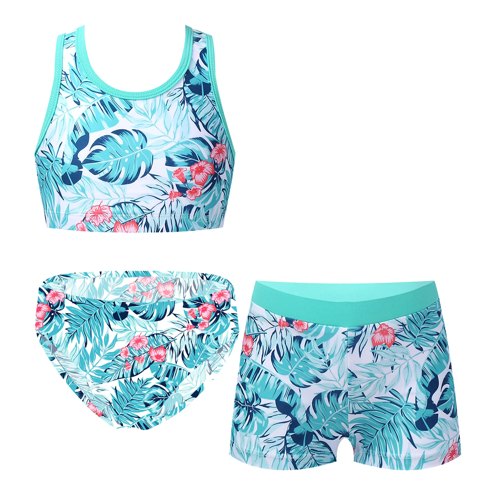 3Pcs Kids Girls Swimsuit Set Summer Sleeveless Strappy Back Crop Top with Shorts and Briefs for Beach Pool Swimming Bathing Suit