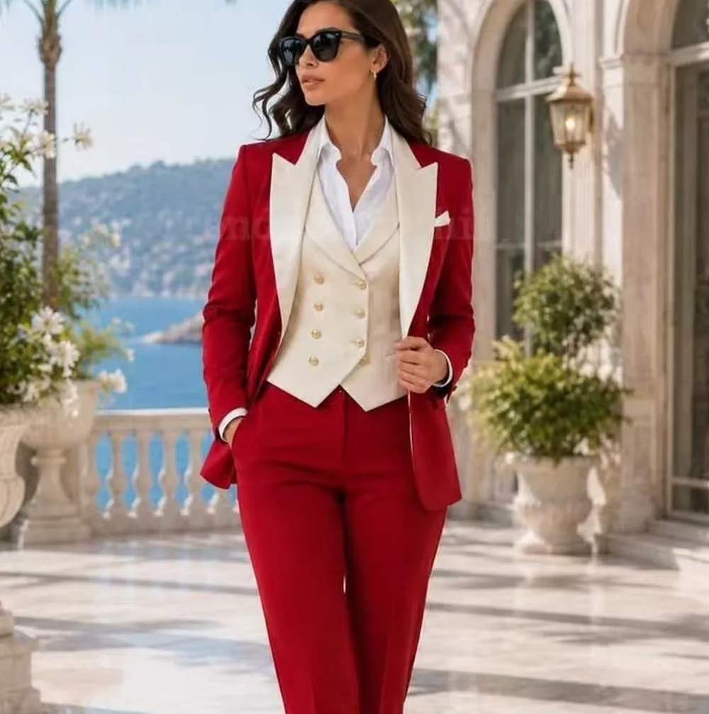 Ivory And Red Formal Business Women Suit Wedding Party Prom Mother Girl Tuxedos Costume 3 Piece Set Blazer Vest Pants