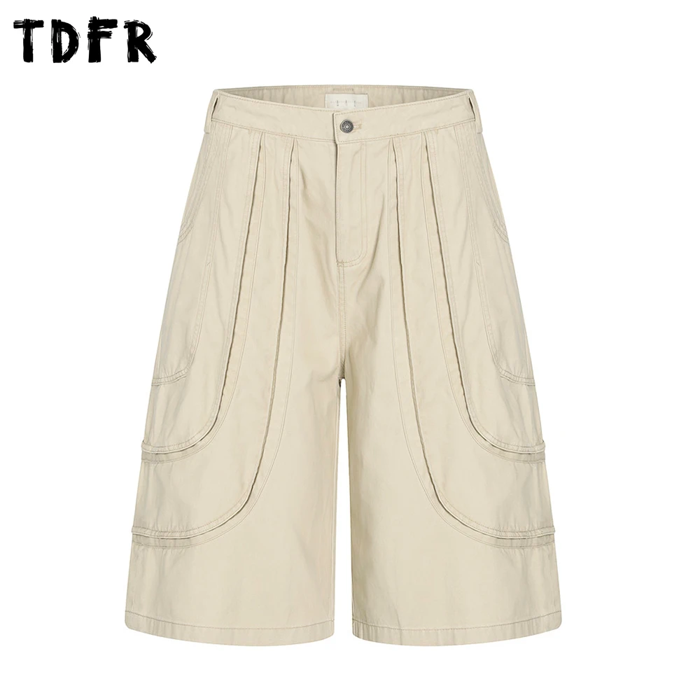Shorts de carga emendados masculino bolso cor sólida retro streetwear solto perna larga algodão shorts casuais masculino meia calça