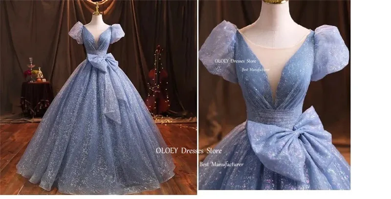 

OLOEY Sparkly Dusty Blue A Line Prom Dresses Quinceanera Dress Big Bow Short Sleeves Shiny Evening Gowns Glitter Party Dress