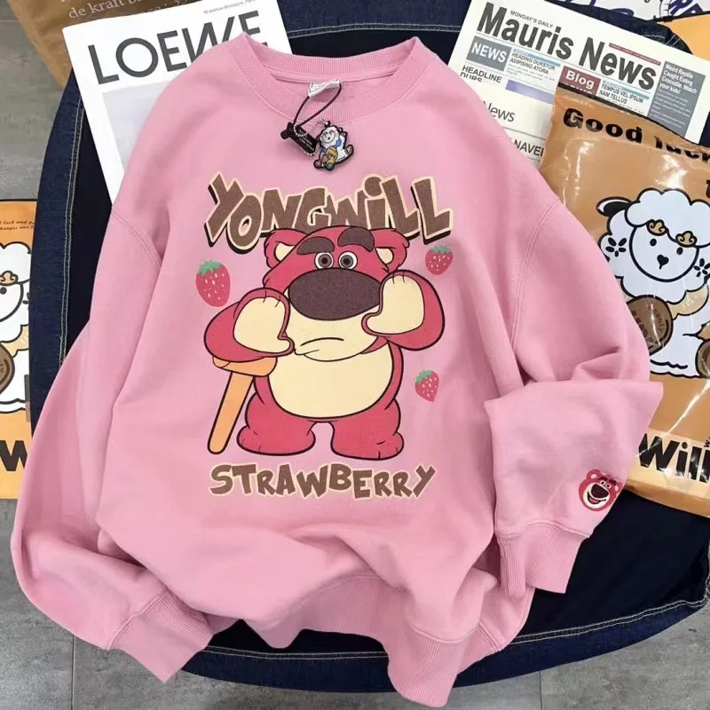 Popular Lots-O\'-Huggin\' Bear Cartoon Round Neck Sweatshirt Spring Kawaii Girl Strawberry Bear Loose Velvet Top Quality Gift