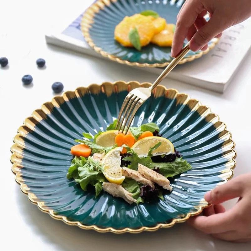 Green Ceramic Tableware Set Plates for Food Dinner Luxury Chrysanthemum Dishes Salad Soup Bowl Plates and Bowls Set Leaf Plates