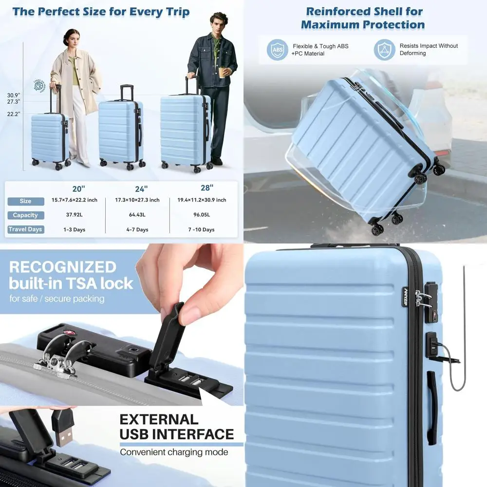 

Легкий чемодан из твердой смолы из АБС-пластика с USB-портом, замком TSA и колесами — средний светло-голубой