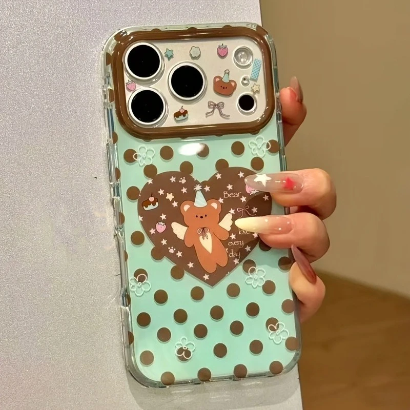 Brown Polka Dot Heart Bear Pattern Protection Phone Case For iPhone 17 Pro Max 17 Pro 16 15 14 13 12 11 Pro Max Shockproof Cover