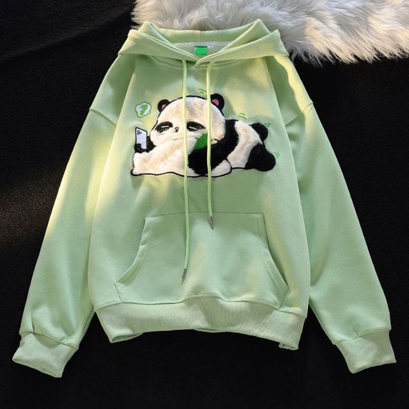 Spring Winter Panda Embroidery Pullover Cute Cartoon Cotton Loose Women Hooded Sweatshirt Couple Clothes Student Coat Hoodie