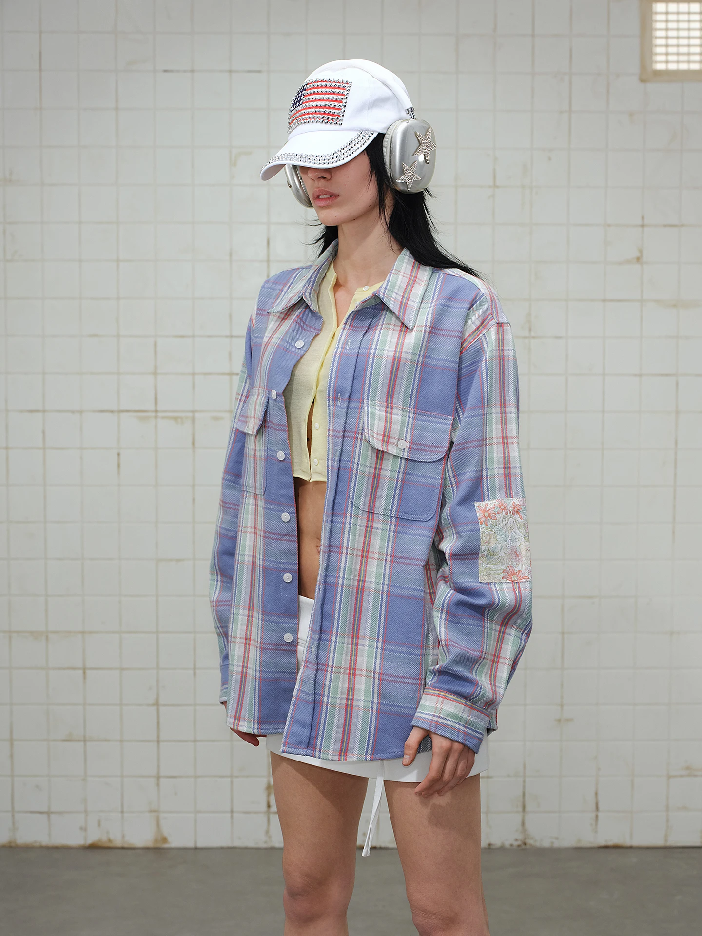 

American Retro Salt Blue Plaid irt Casual Loose Fit Couple's Workwear Spring Long Sve Button up Cotton Youth Faion