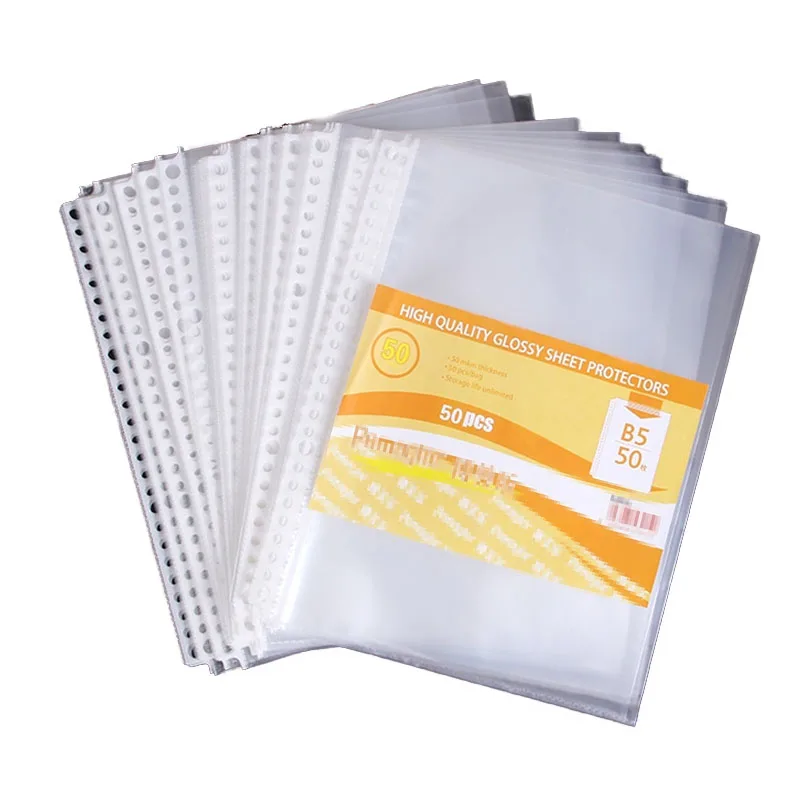 50pcs B5 26Holes Plastic Punched File Folders Documents Sleeves Thin Loose Leaf Sheet Protectors Inner Page Collecting Accessory