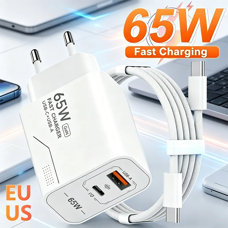 65W GaN USB C Charger 2-Port Fast Charging Phone Charger Power Adapter For iPhone Samsung Xiaomi Type C EU/US Plug Wall Charger