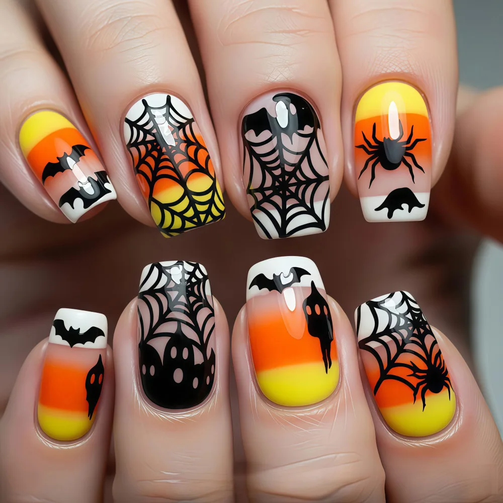 Halloween  Gradient Bat Spider Web Pattern Nail Tips Wearable Fake Nails Themed Nail Art Accessories