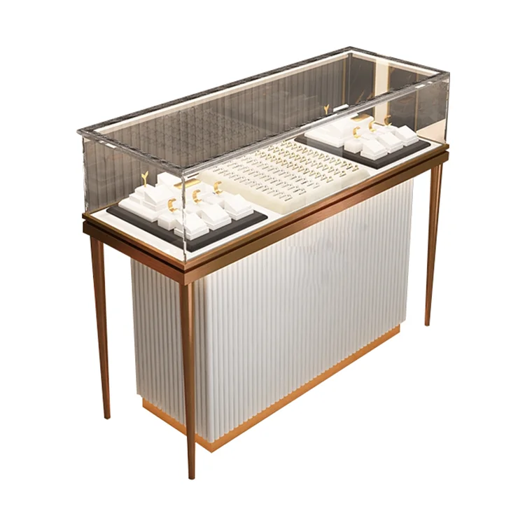 

Custom.Customized Gold Glass Jewelry Pedestal Display Counter Showcase Movable Cabinets for Mall Use LED Light Shopping Center K