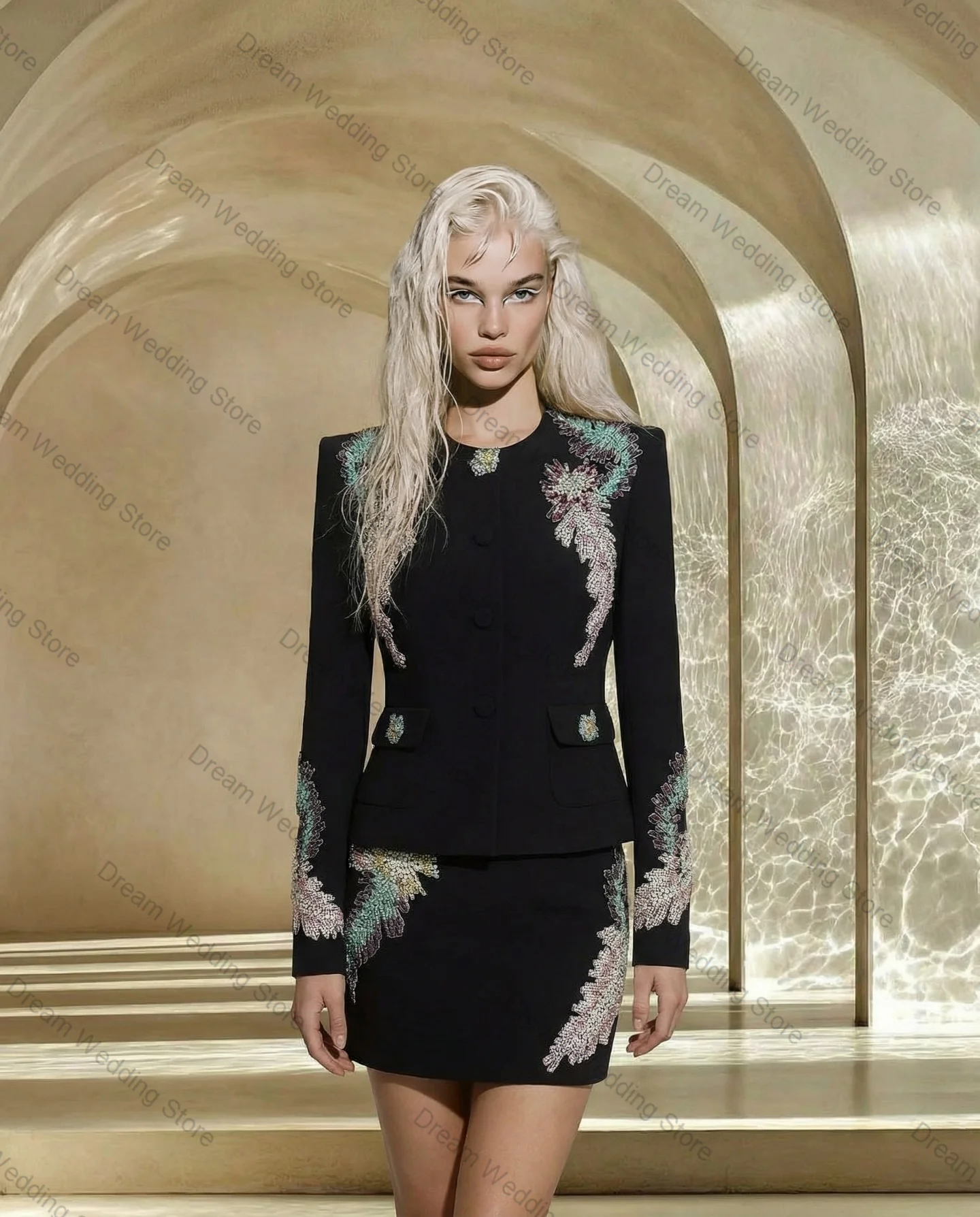 Schwarzes Damen-Anzugrock-Set, 2-teilig, Kristalle, Blazer + kurzes Ballkleid, Baumwolle, formelle Bürodame, Jacke, individueller Gast-Hochzeitsmantel