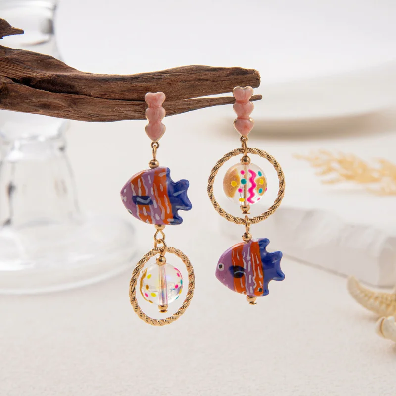 

Vintage Clownfish Earrings Pink Heart Charm Deep Sea Animal Cute Women Drop Earrings Beach Vacation Jewelry Gift