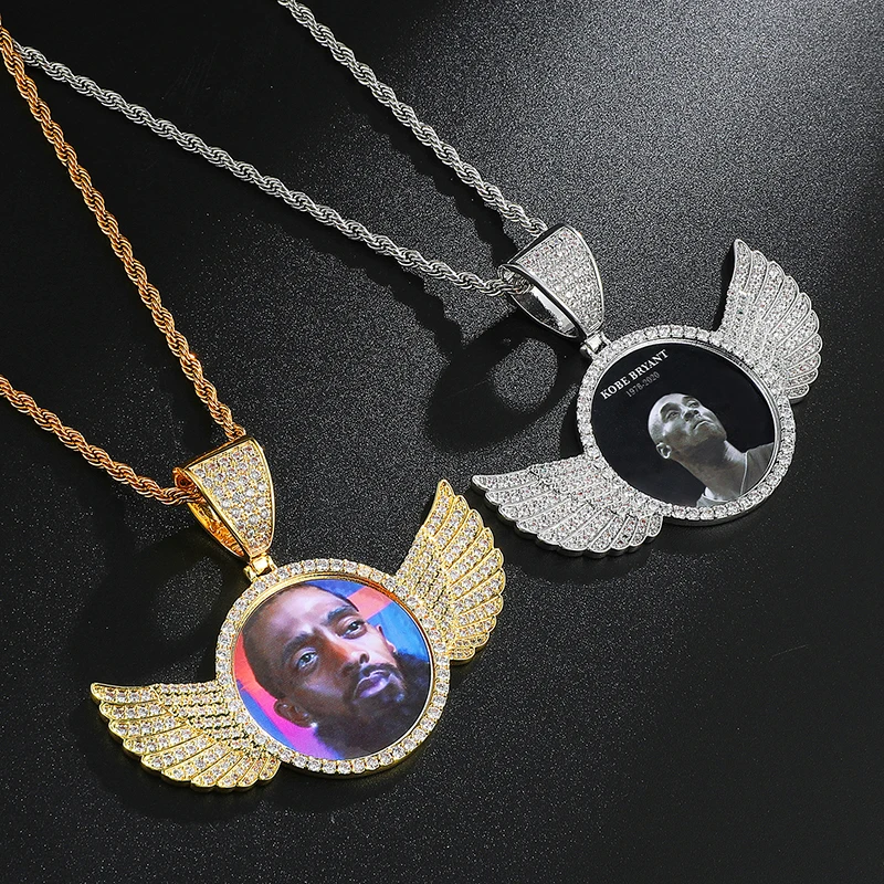 D&Z Hip Pop Wing Custom Photo Pendant Necklace Fashion Holds Pictures Memory DIY Picture Necklace Jewelry for Women Men Gift