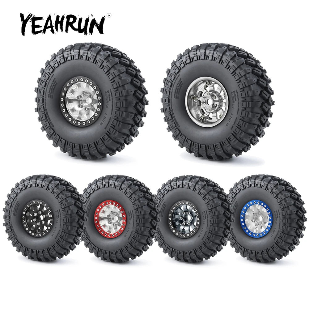 YEAHRUN 1.9 inch Metal Beadlock Wheel Rims Hubs + 123mm Rubber Tires Set for Axial SCX10 TRX-4 1/10 RC Crawler Car Upgrade Parts