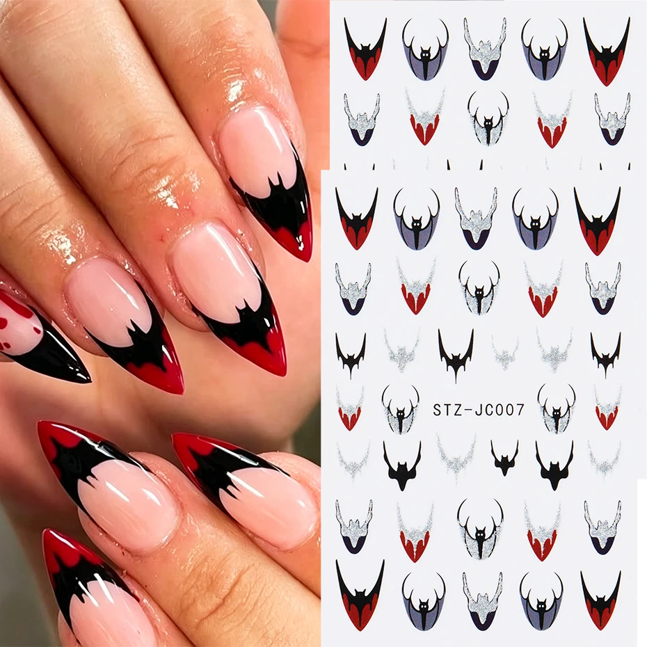 2 Stück Fledermaus-Nagelkunst-Aufkleber Cartoon Rot Schwarz Silbrig Glitzer Fledermaus Gruselige Halloween-Nagelkunst-Dekoration Nagelzubehör