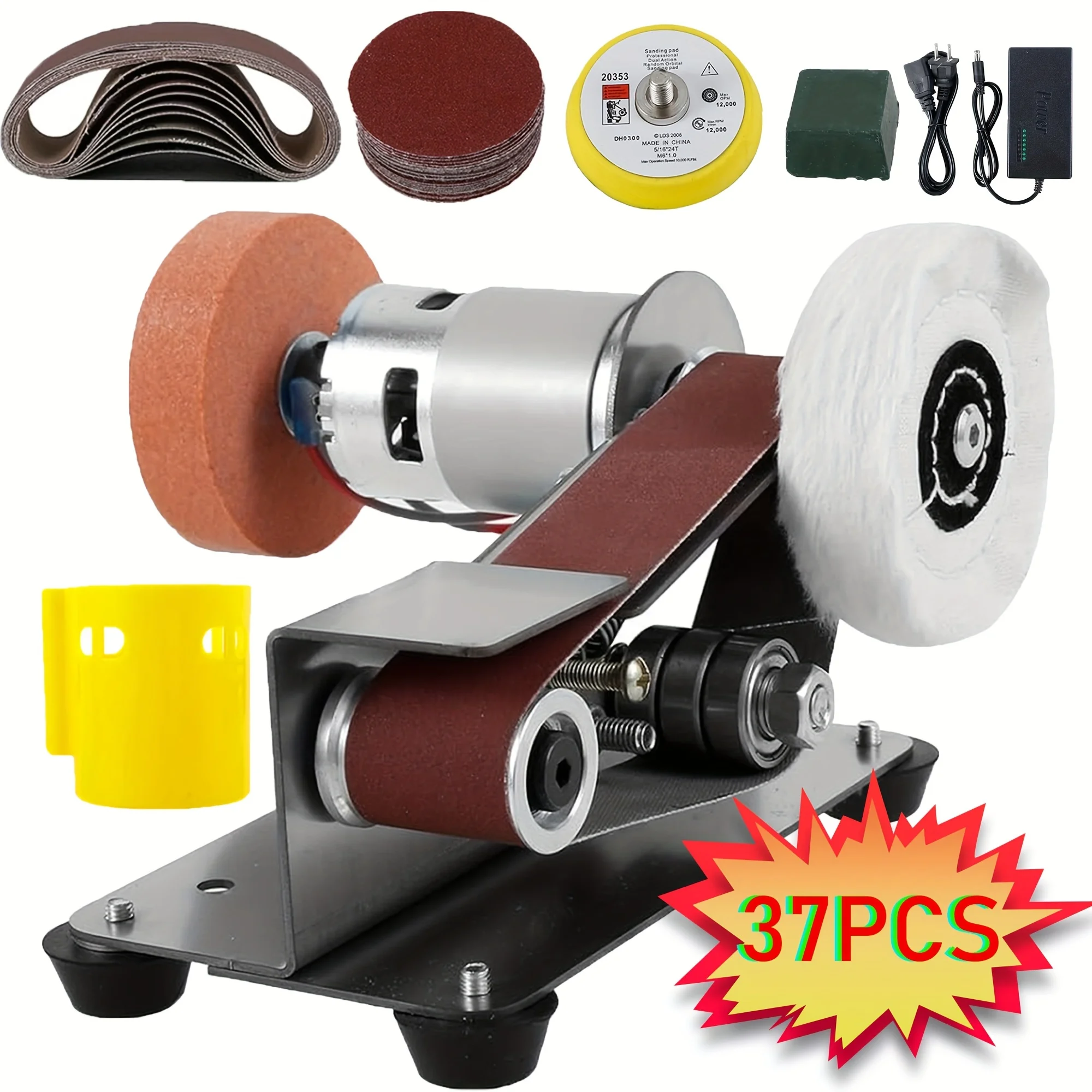 37PCS of three in one mini belt sanding machine, suitable for DIY metal and wood handicrafts, tools, and knives (with kit)