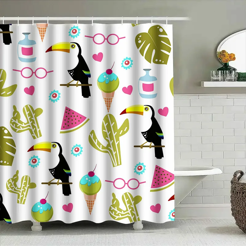 

Vibrant Tropical Beach House Decor Shower Curtain featuring Birds Ice Cream Cones Waterproof Fabric for Bathroom Available in Cu